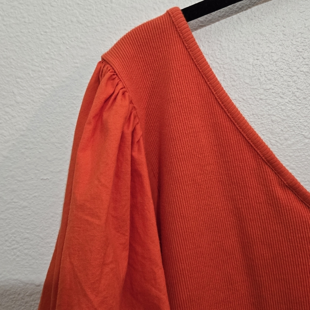 Maeve Bright Orange Puff-Sleeve V-Neck Top - Picture 8 of 13